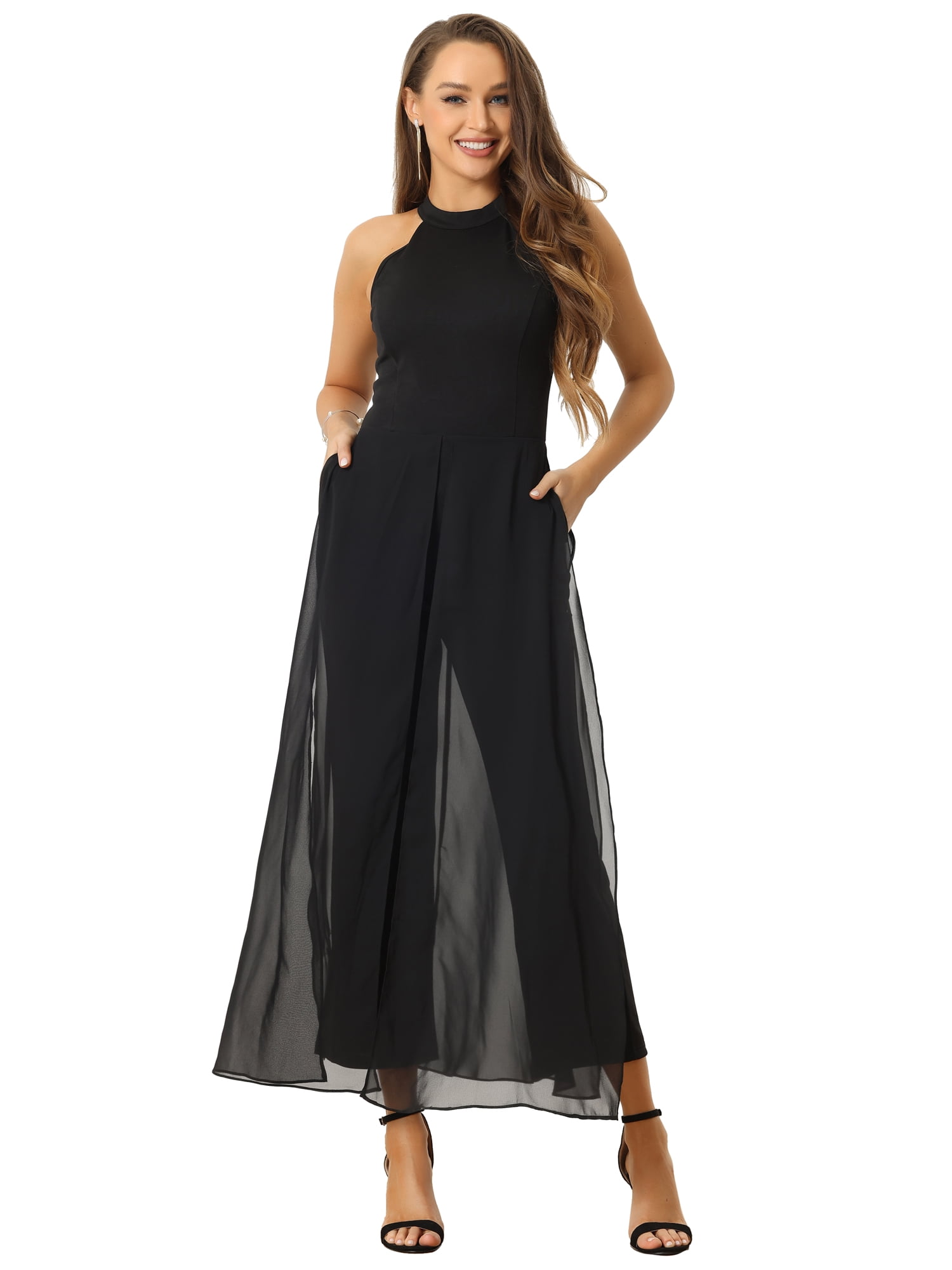 DARING DIVA Women's Sleeveless Chiffon Wide Leg Jumpsuit M Black