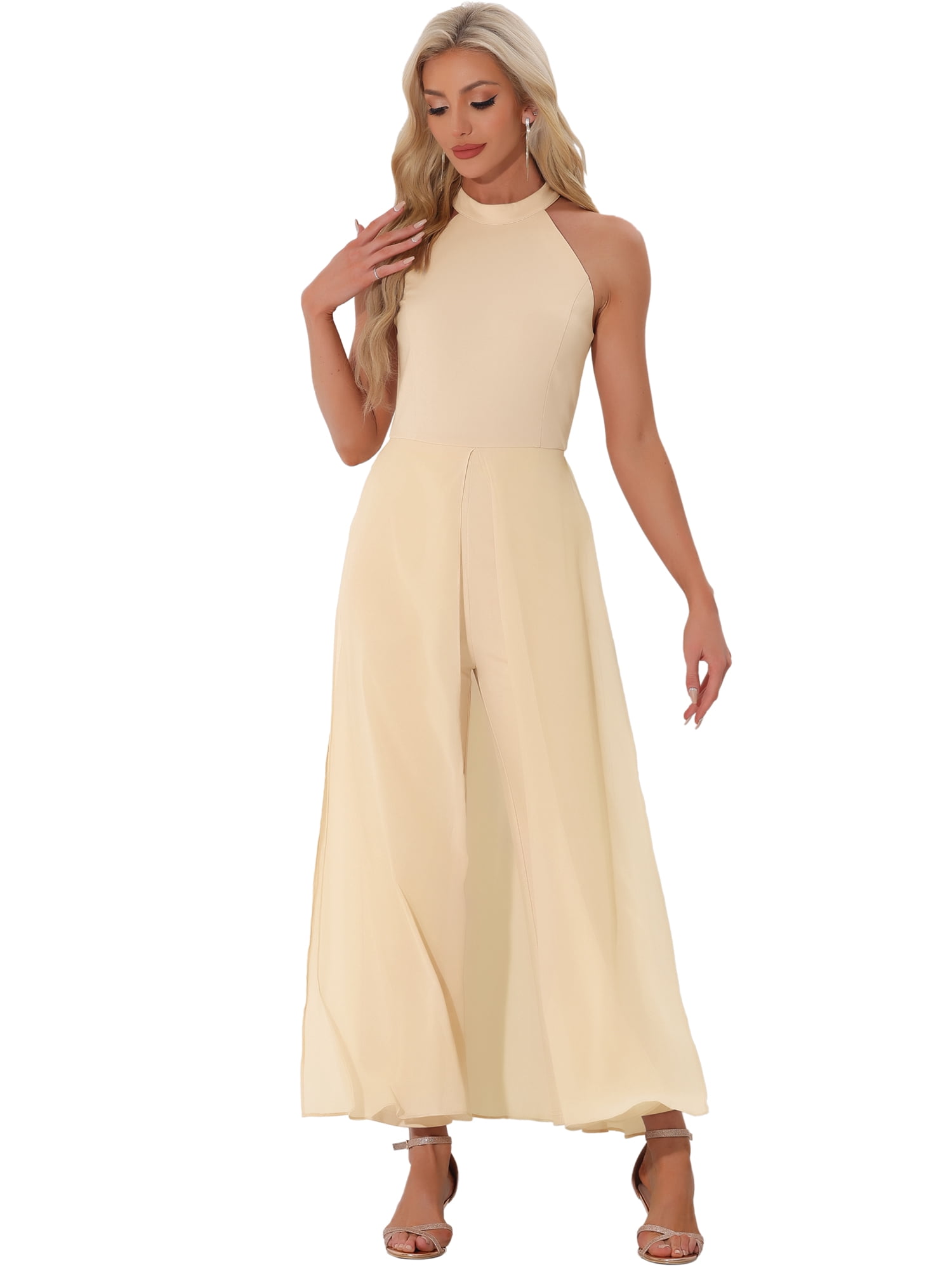 DARING DIVA Women's Sleeveless Chiffon Wide Leg Jumpsuit XS Apricot