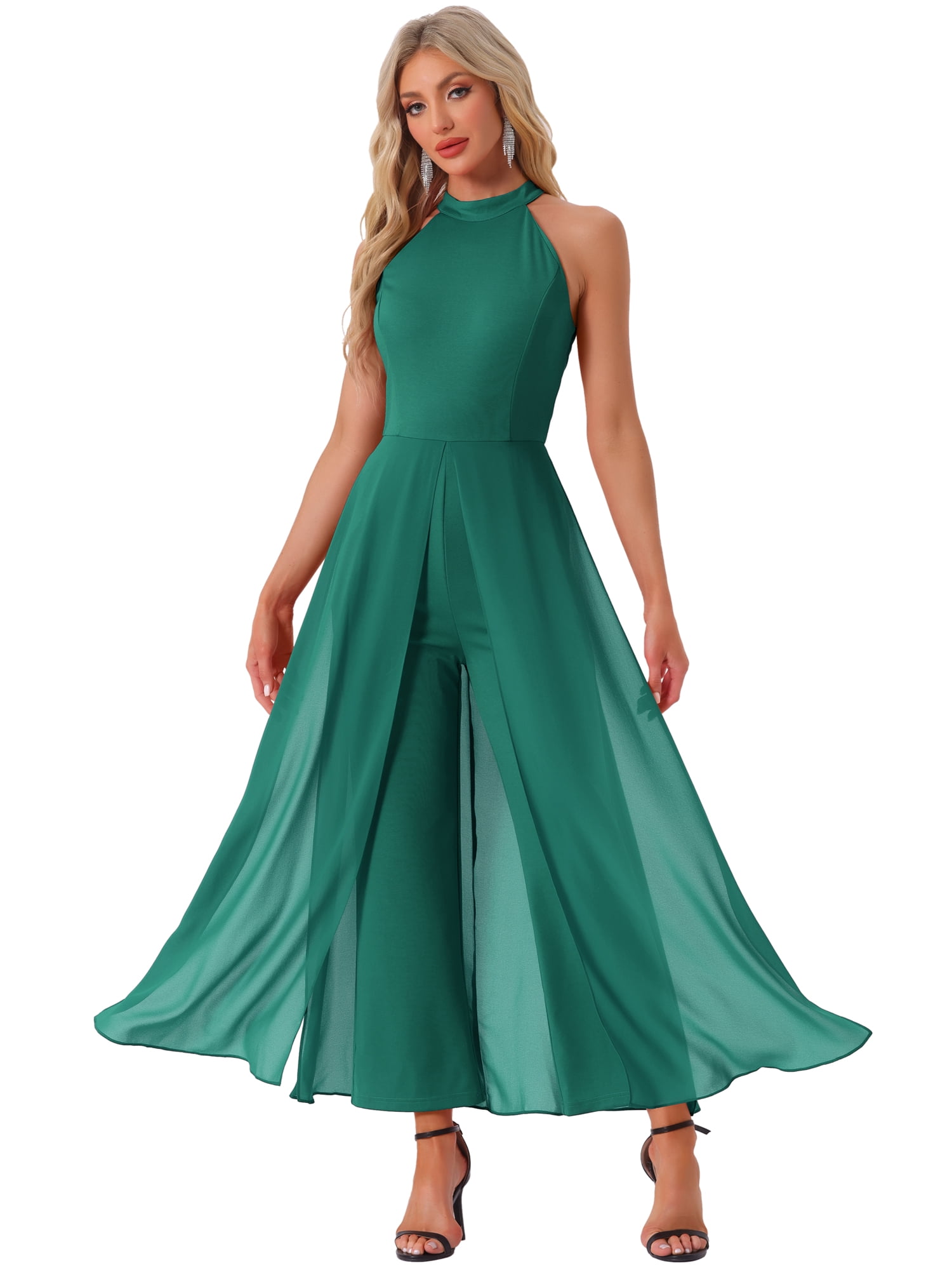 DARING DIVA Women's Sleeveless Chiffon Wide Leg Jumpsuit XS Dark green