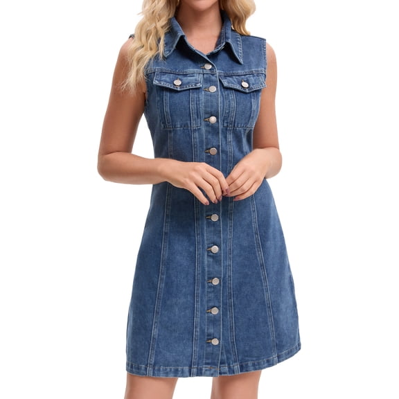DARING DIVA Women's Sleeveless Collared Button Down Short Jean Dress 2XL Dark Blue