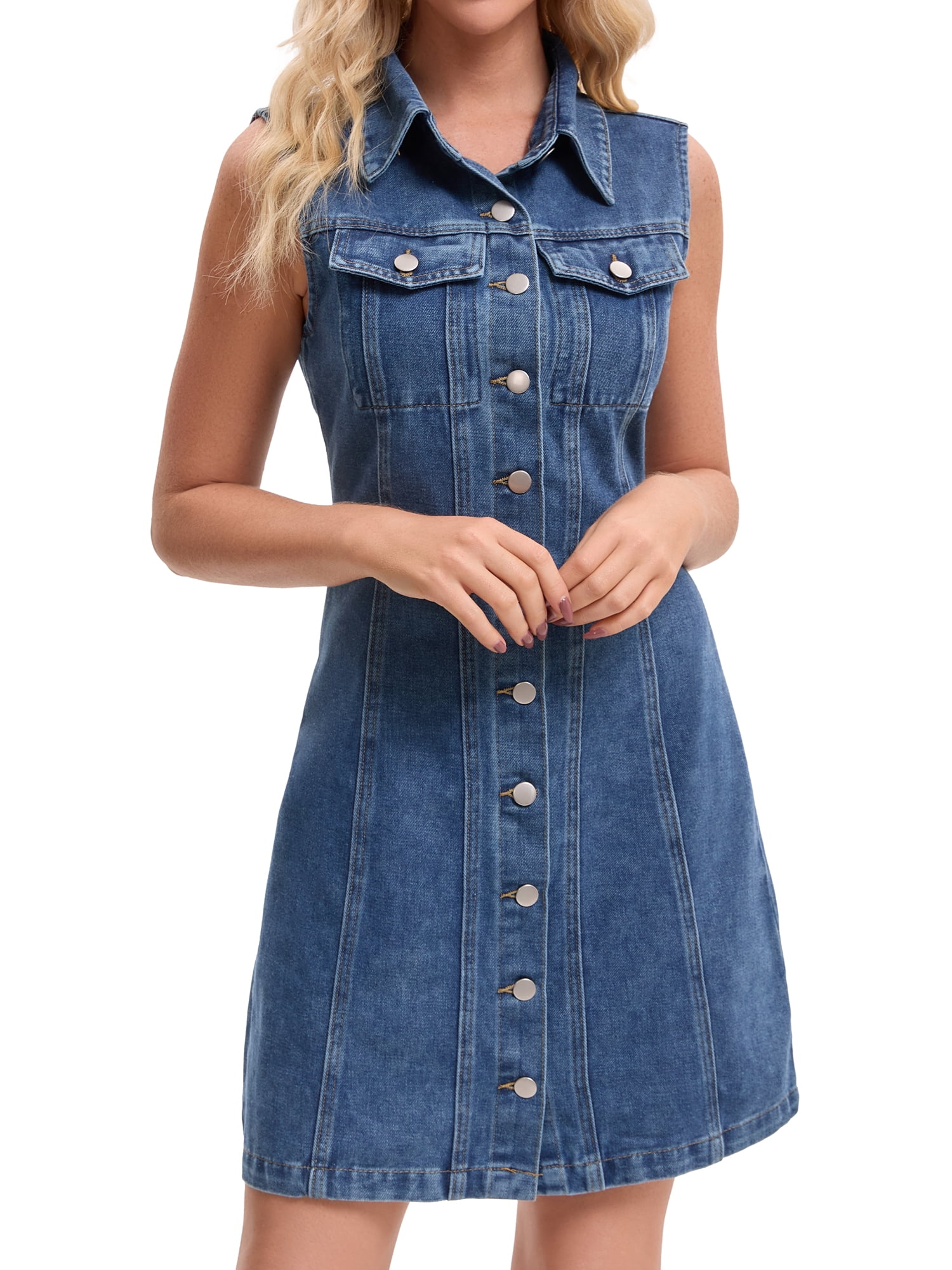 DARING DIVA Women's Sleeveless Collared Button Down Short Jean Dress XL Dark Blue