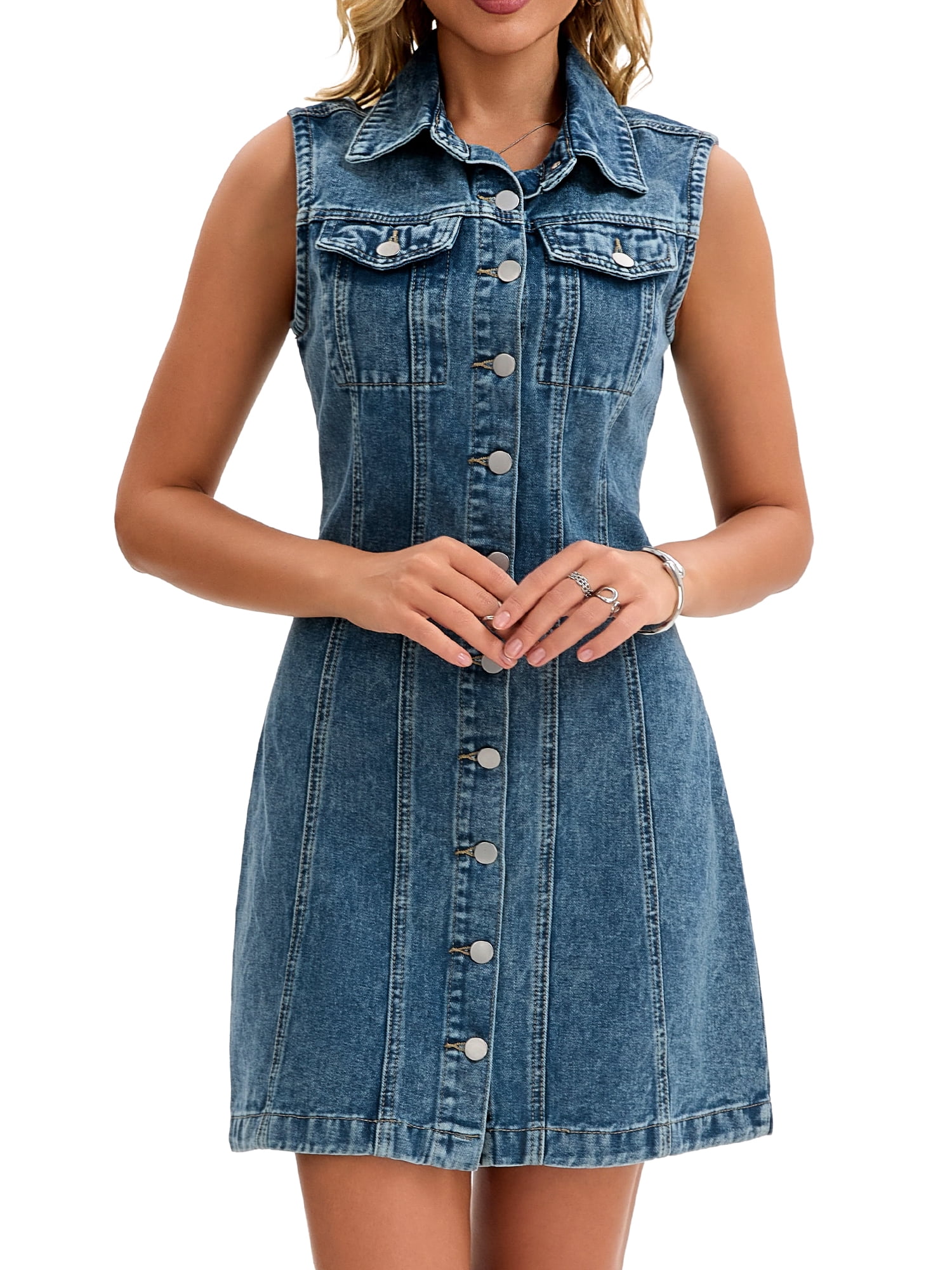 DARING DIVA Women's Sleeveless Collared Button Down Short Jean Dress XL Grey Blue
