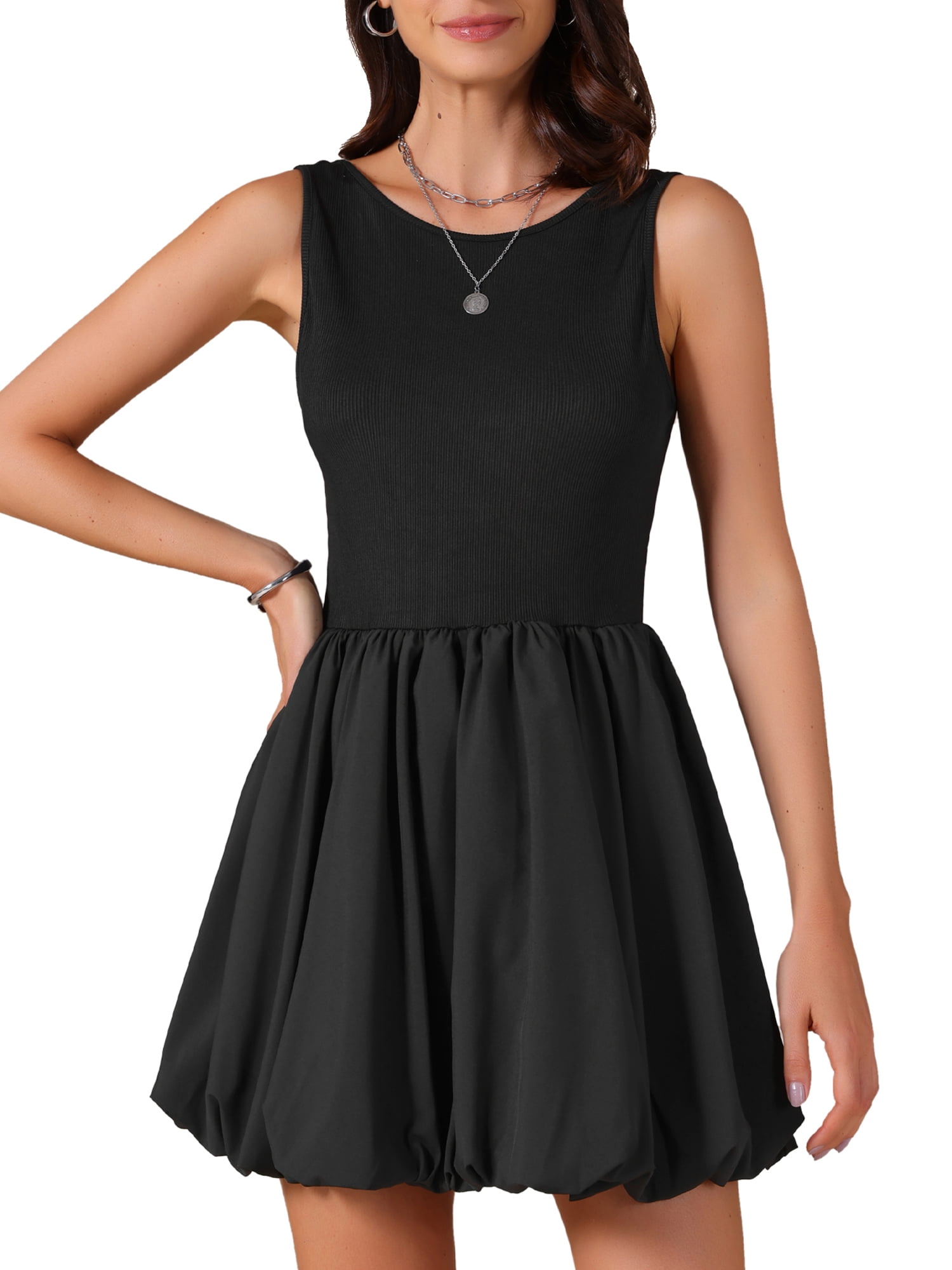 DARING DIVA Women's Sleeveless Crew Neck Backless Sundress Bubble Dress M Black