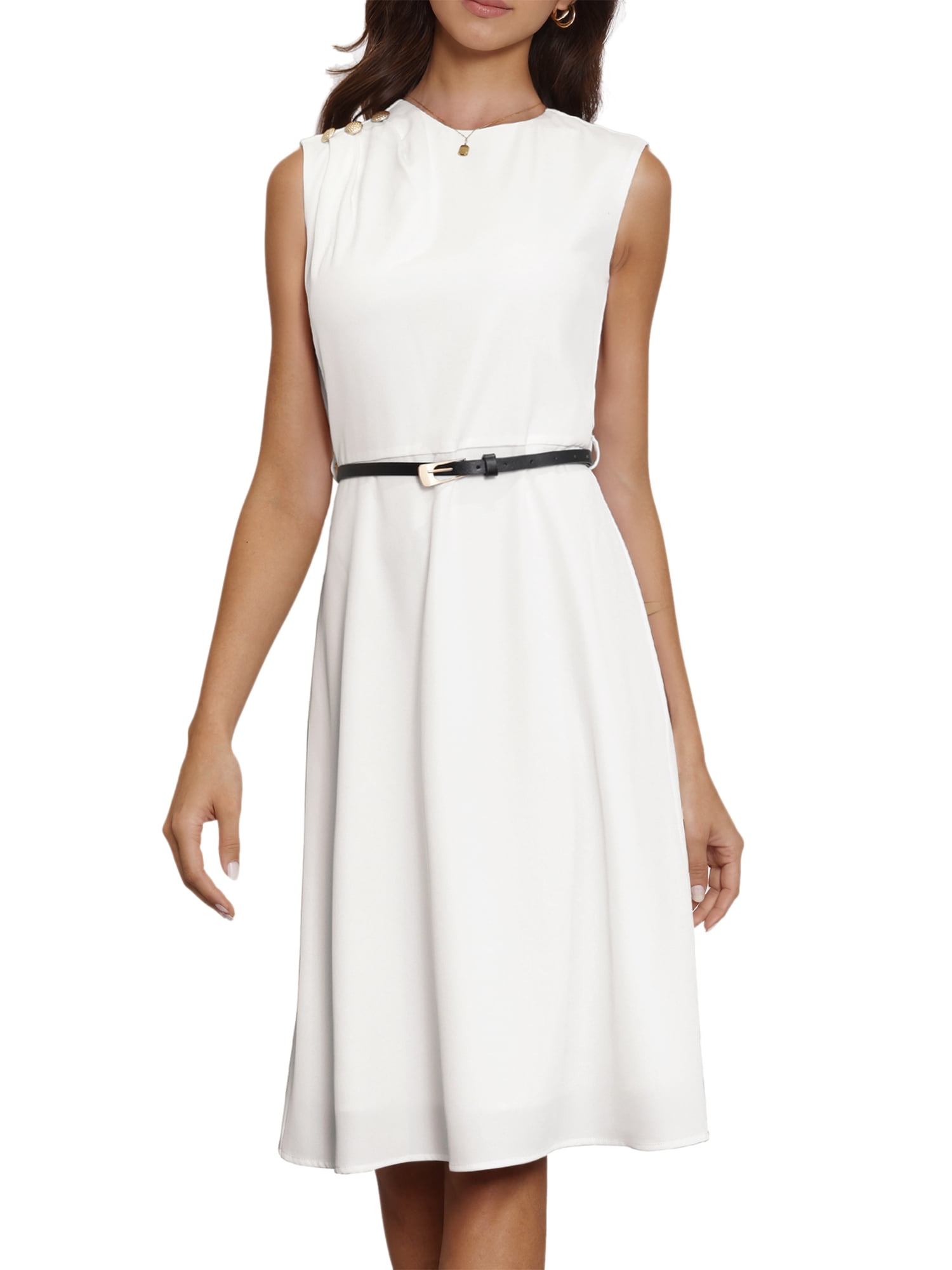 DARING DIVA Women's Sleeveless Crew Neck Button Decor Belted A Line Work Dresses M White