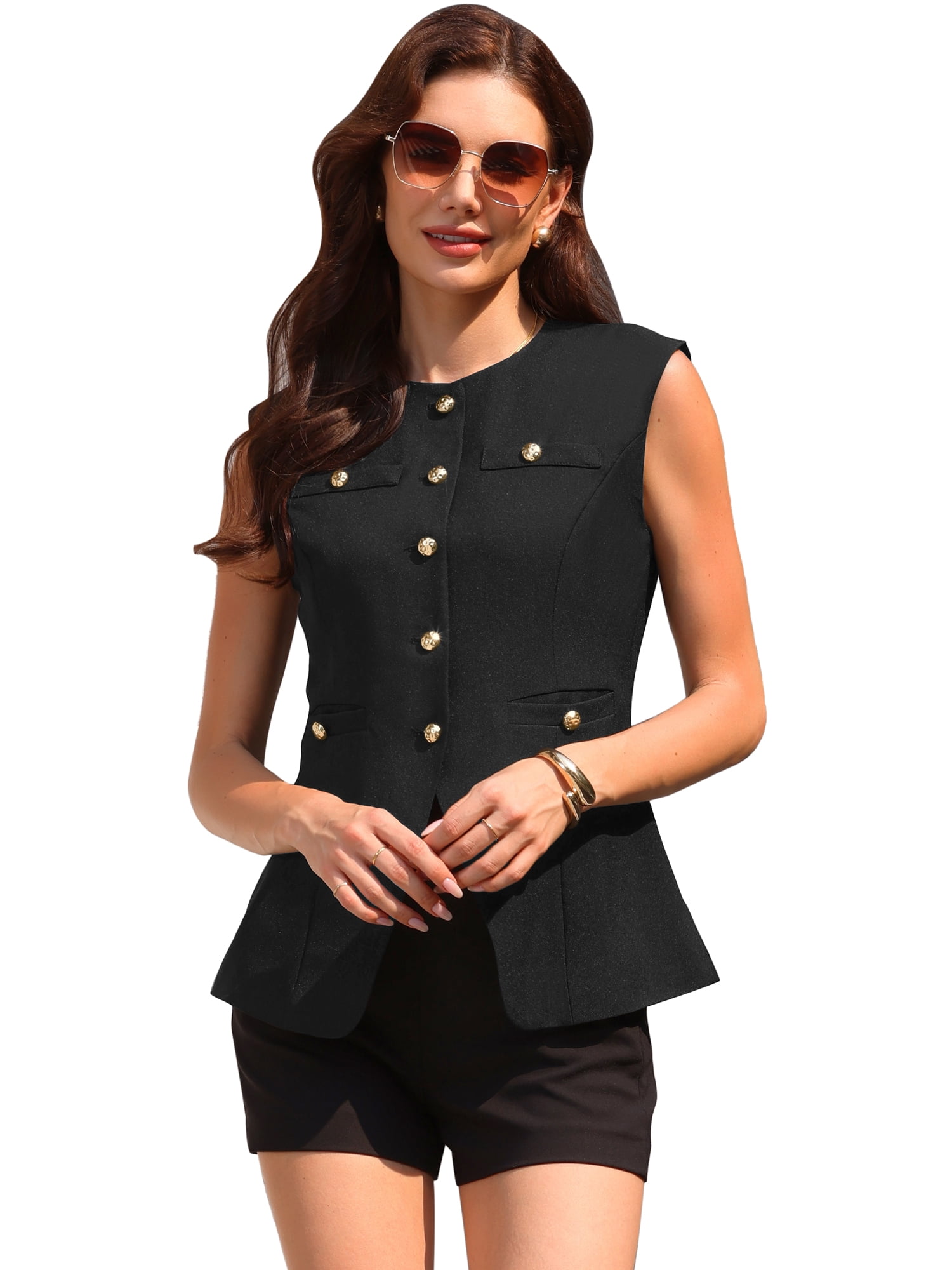DARING DIVA Women's Sleeveless Crew Neck Button Down Business Waistcoat M Black