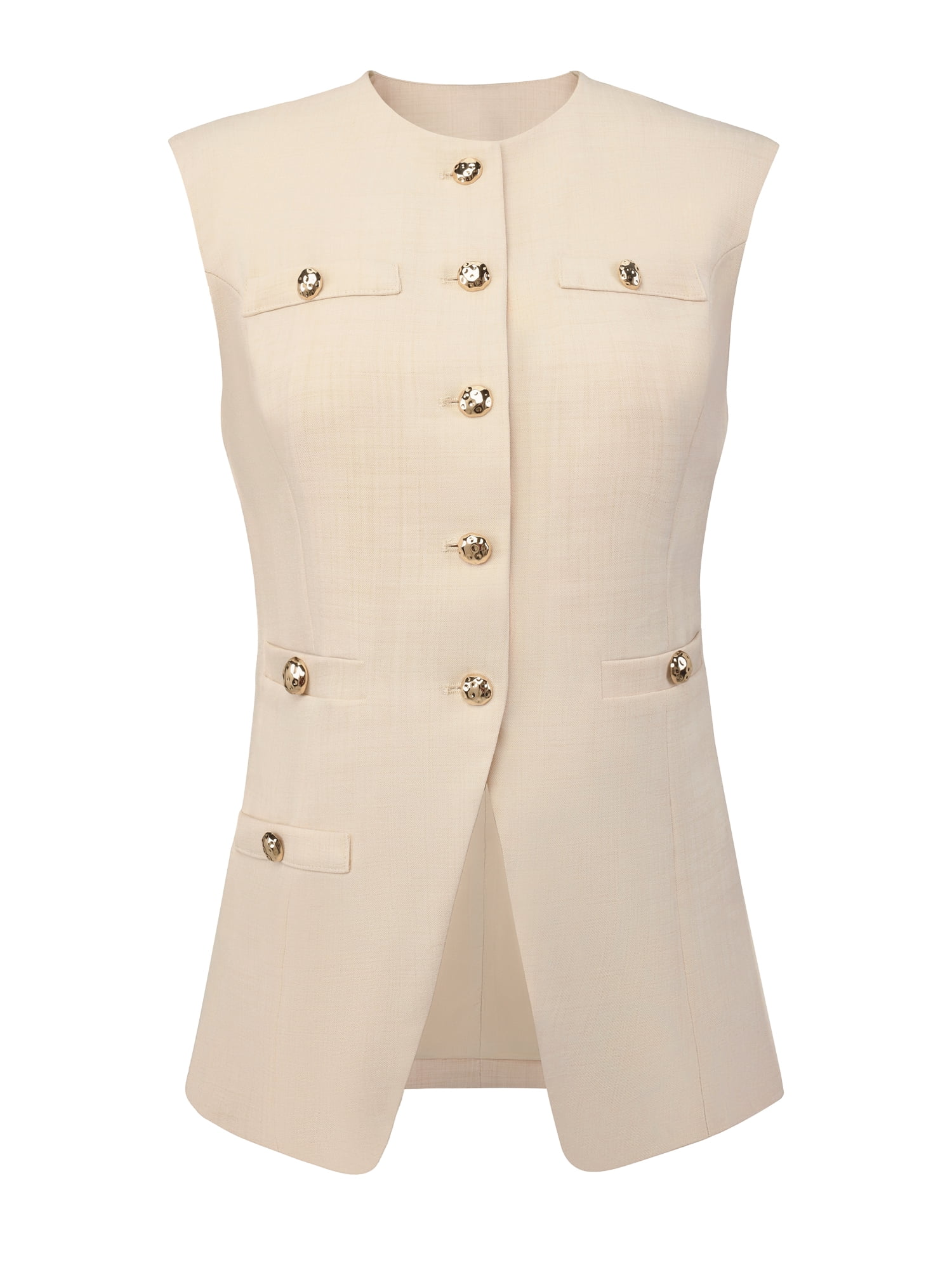DARING DIVA Women's Sleeveless Crew Neck Button Down Business Waistcoat S Beige