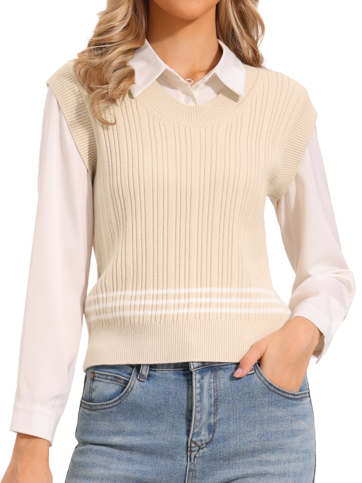 DARING DIVA Women's Sleeveless Crew Neck Casual Knitted Sweater Top L Beige