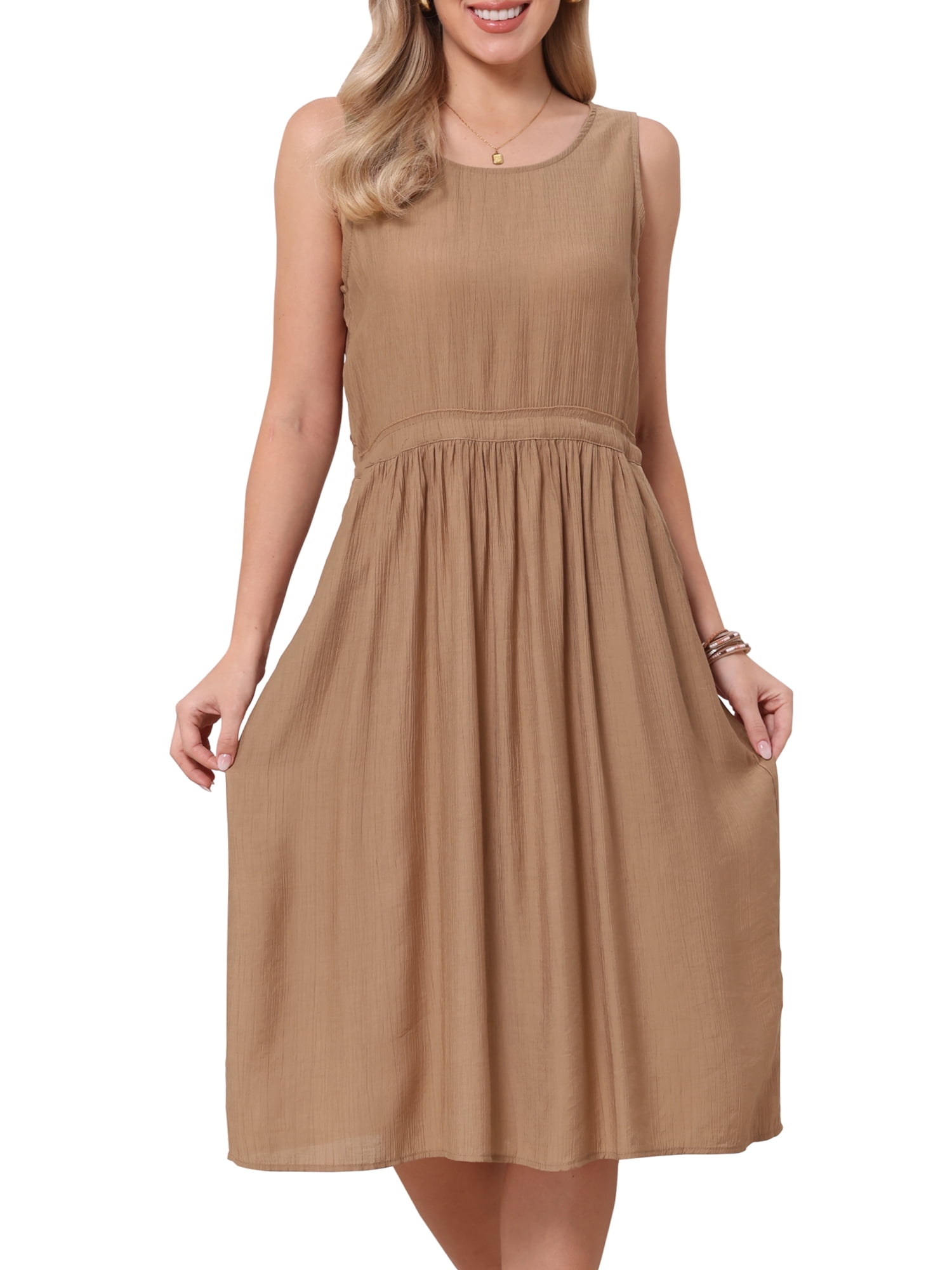DARING DIVA Women's Sleeveless Crew Neck Drawstring Waist Midi Dress M Khaki