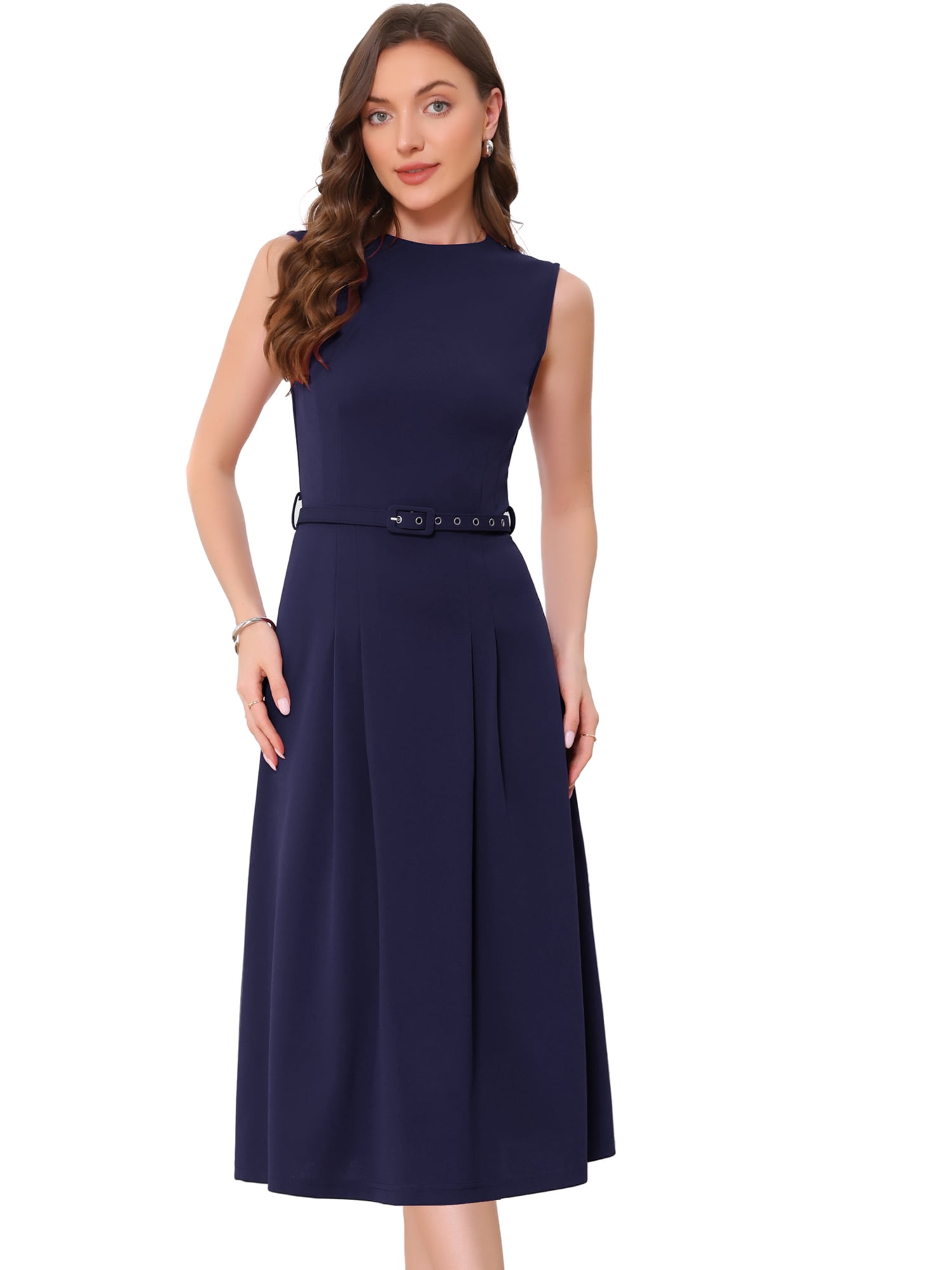 DARING DIVA Women's Sleeveless Crew Neck High Waist A-Line Dress L Navy Blue