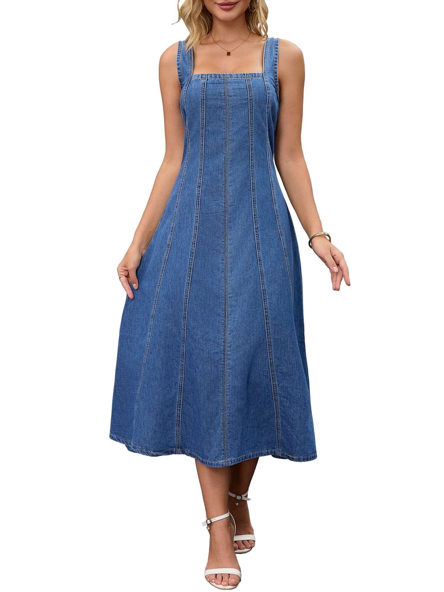 DARING DIVA Women's Sleeveless Denim Square Neck Swing A Line Midi Dresses XL Midi Blue