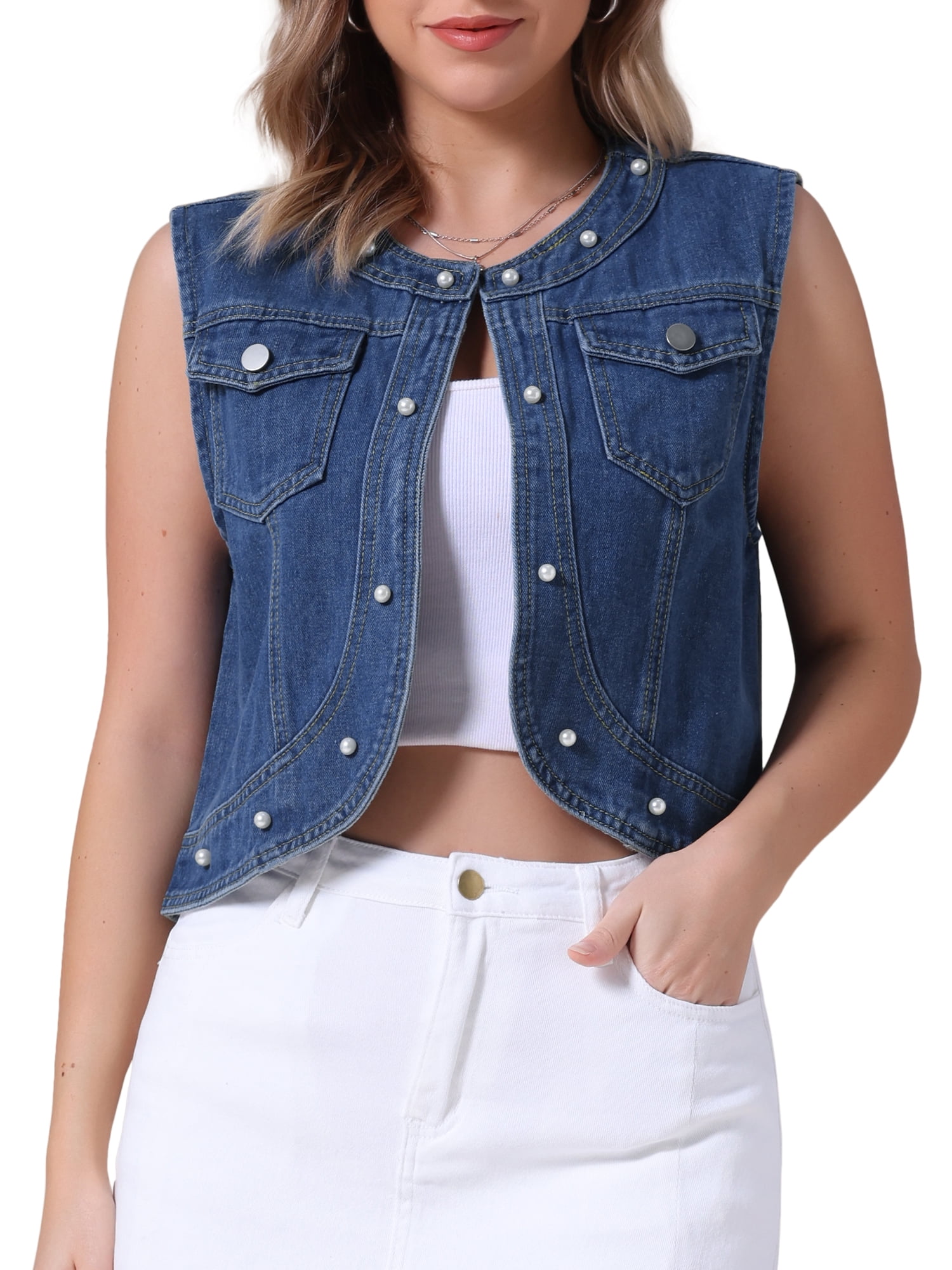 DARING DIVA Women's Sleeveless Denim Vest with Pearl Embellishments M Blue