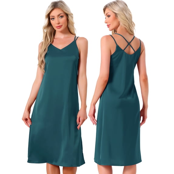 DARING DIVA Women's Sleeveless Double Spaghetti Strap V Neck Nightgown M Blue
