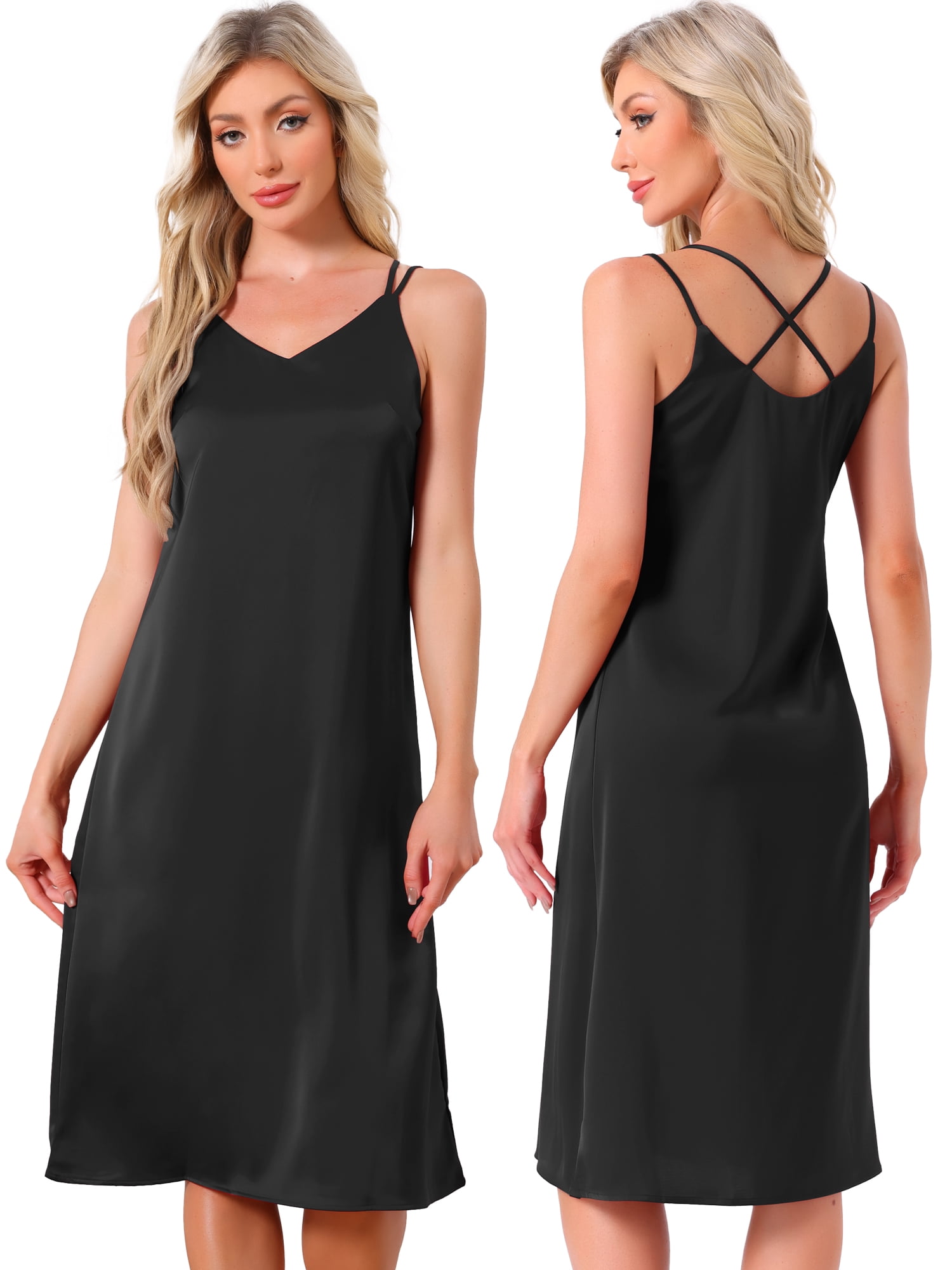 DARING DIVA Women's Sleeveless Double Spaghetti Strap V Neck Nightgown XL Black