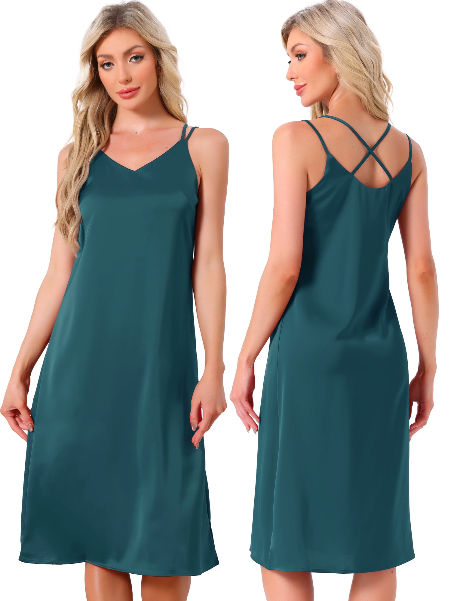 DARING DIVA Women's Sleeveless Double Spaghetti Strap V Neck Nightgown XS Blue