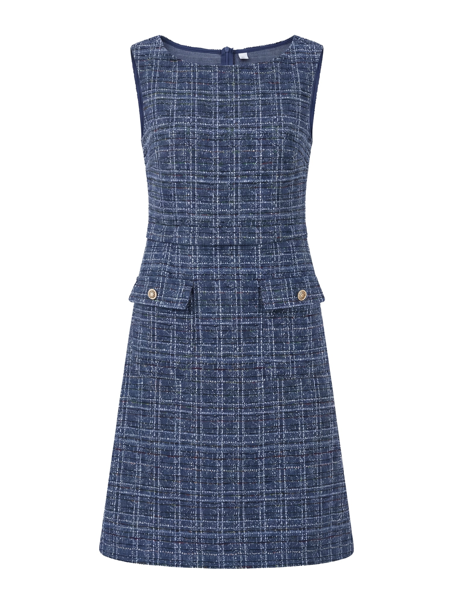 DARING DIVA Women's Sleeveless Elegant Tweed Boat Neck Sheath Dress S Navy Blue