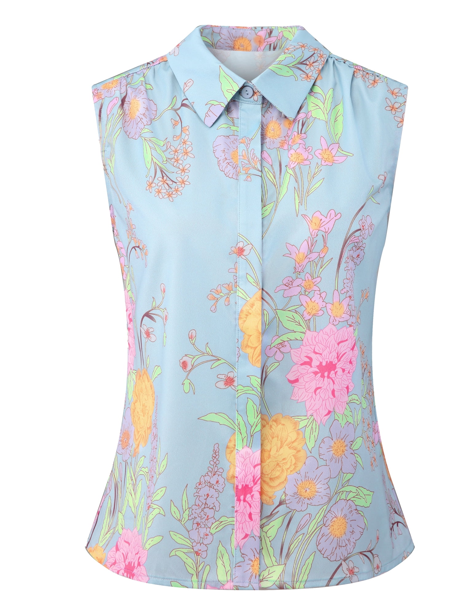 DARING DIVA Women's Sleeveless Floral Button Down Casual Shirts 2XL Light Blue