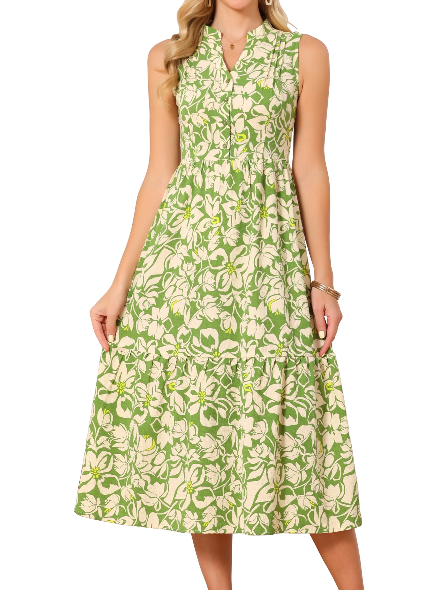 DARING DIVA Women's Sleeveless Floral Casual Tiered Pleated V Neck Maxi Dress XL Green