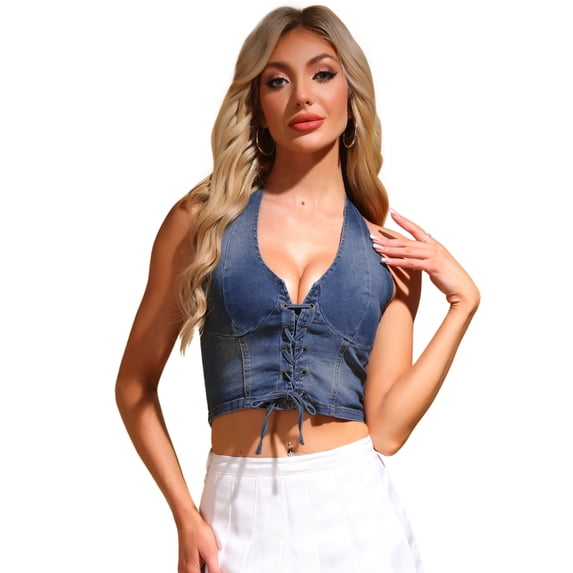 DARING DIVA Women's Sleeveless Halter Neck Lace Up Jean Waistcoat M Blue