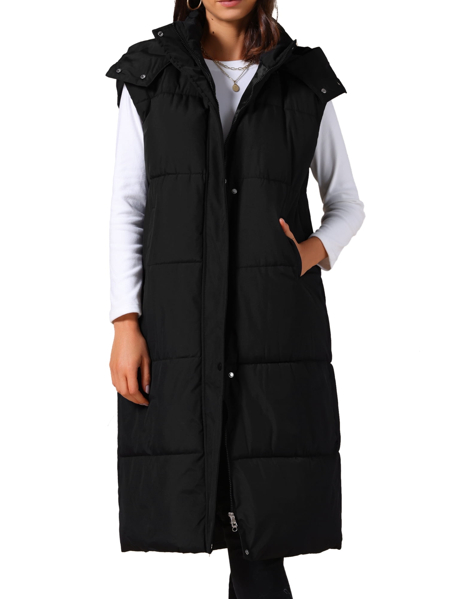 DARING DIVA Women's Sleeveless Hooded Belted Pockets Long Puffer Jacket M Black