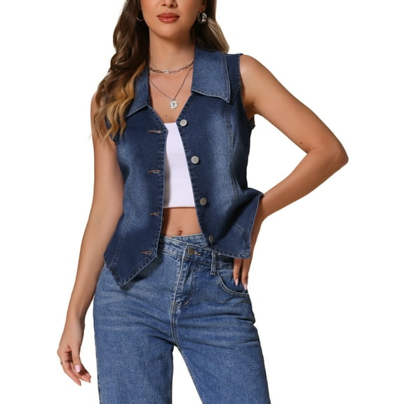 DARING DIVA Women's Sleeveless Jean Jacket Button Down Lapel Waistcoat L Deep Blue