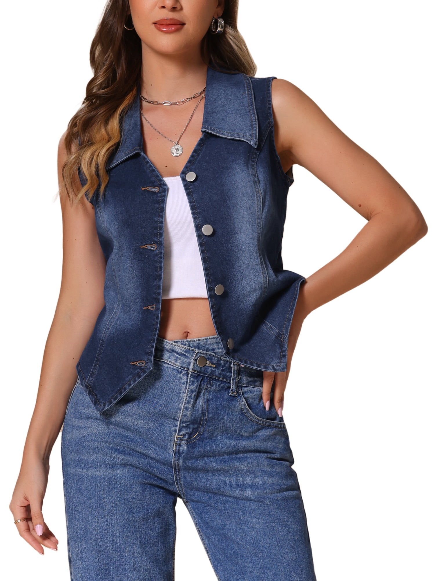 DARING DIVA Women's Denim Vest stays Sleeveless Jean Jacket Tops Button Down Waistcoat M Deep Blue