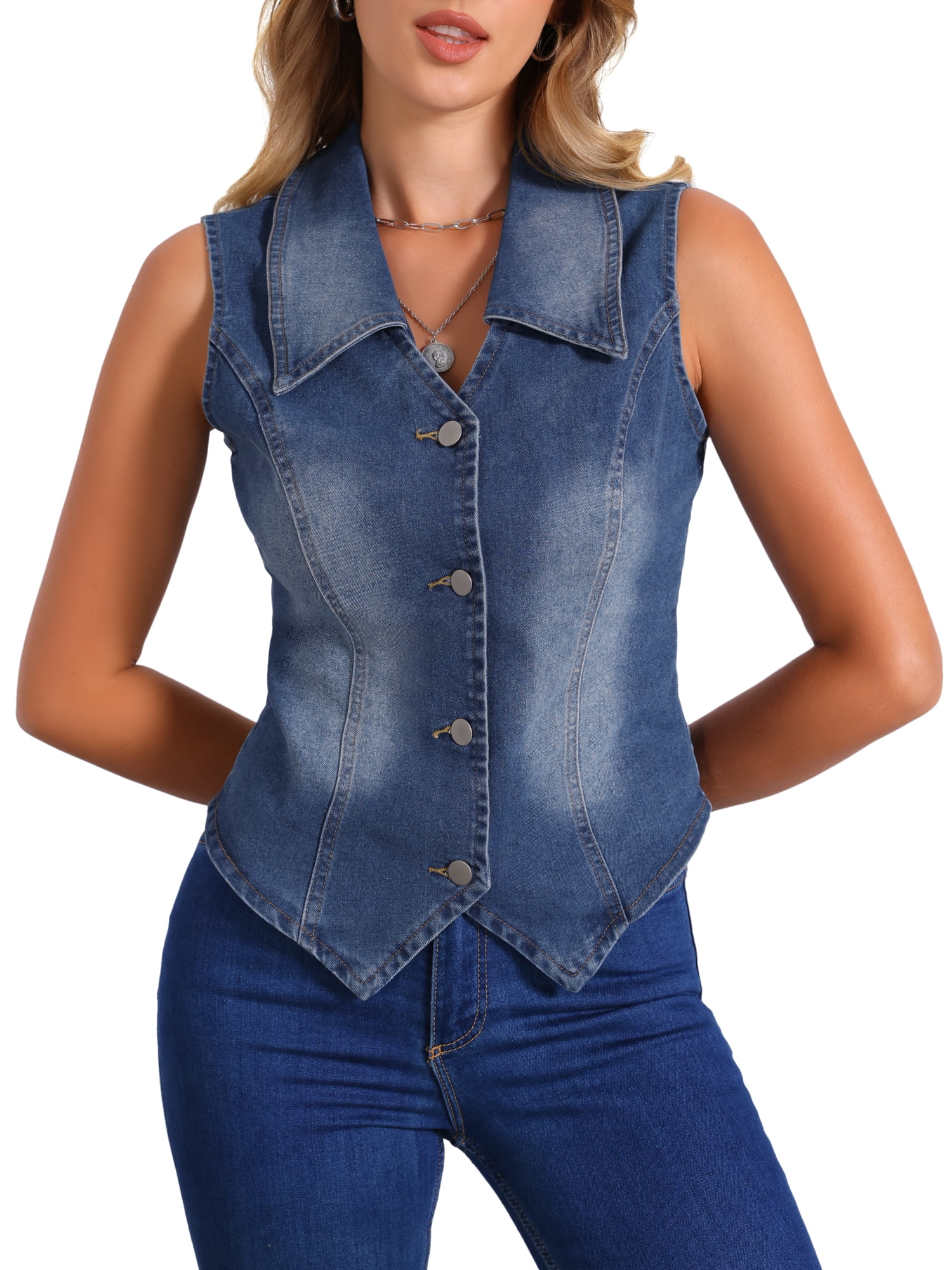 DARING DIVA Women's Denim Vest stays Sleeveless Jean Jacket Tops Button Down Waistcoat XS Blue