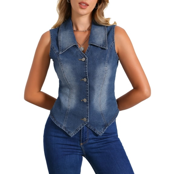 DARING DIVA Women's Sleeveless Jean Jacket Button Down Lapel Waistcoat XS Blue