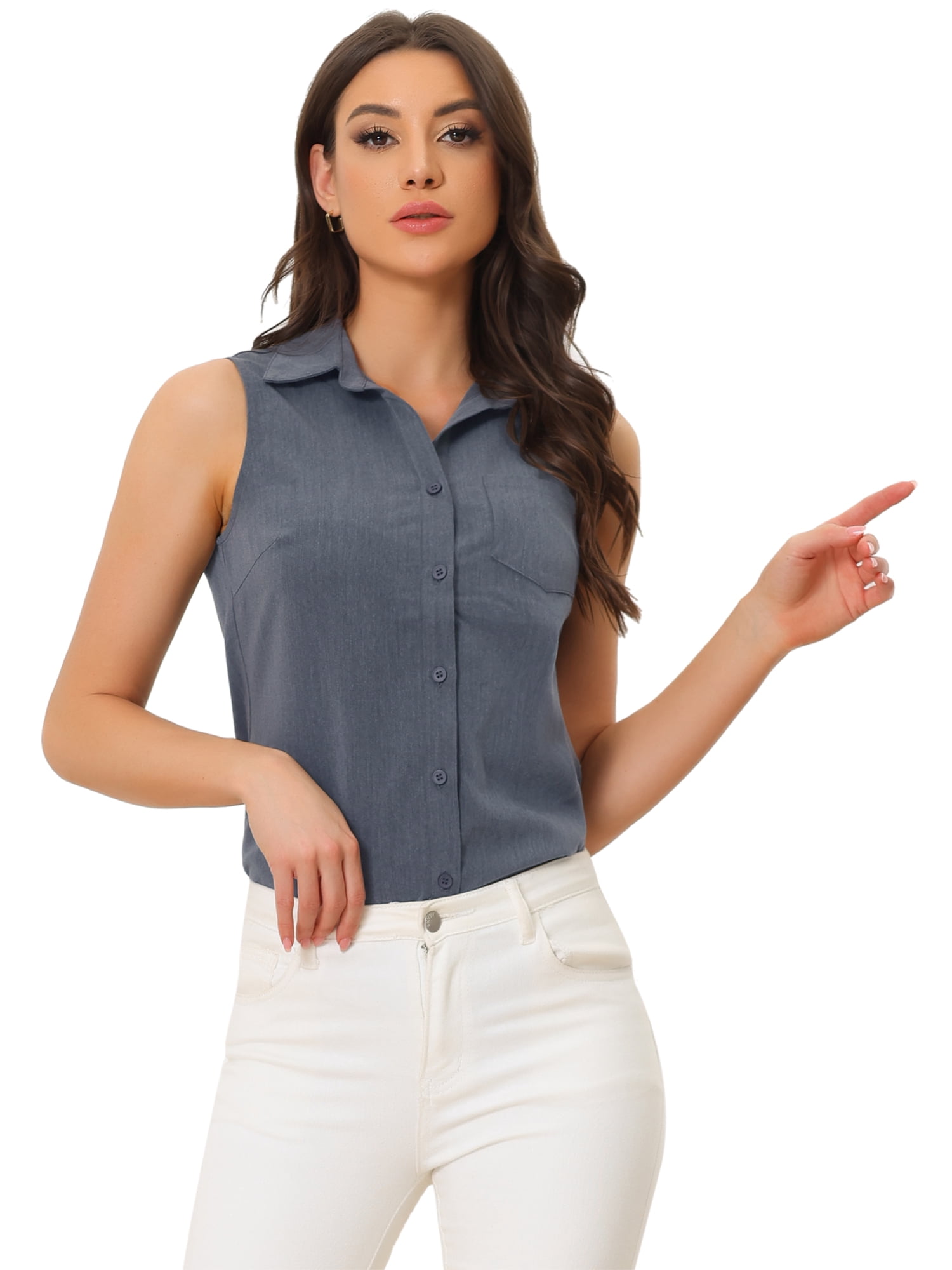 DARING DIVA Women's Sleeveless Lapel V Neck Chambray Tunic Denim Tops M Dark Blue