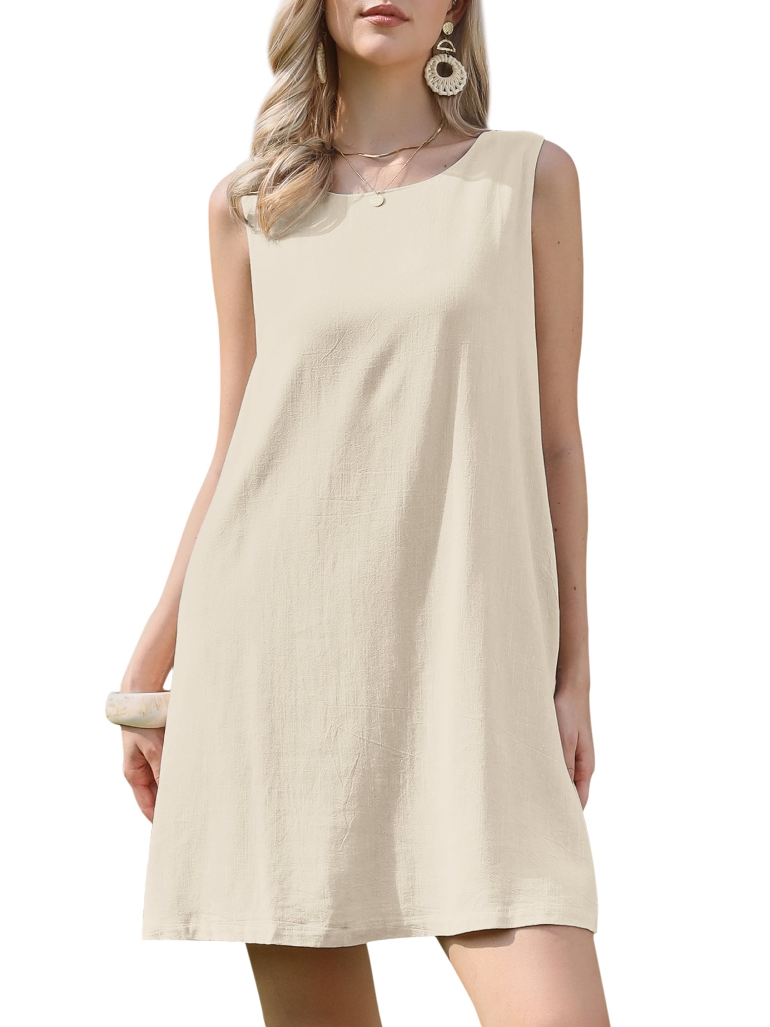 DARING DIVA Women's Sleeveless Linen Shift Casual Dress With Pockets M Beige