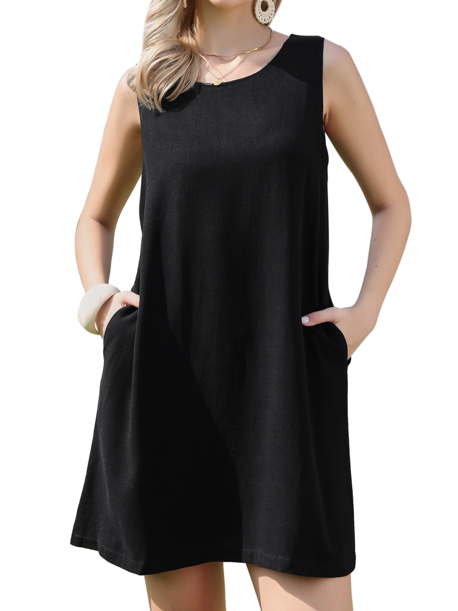 DARING DIVA Women's Sleeveless Linen Shift Casual Dress With Pockets M Black