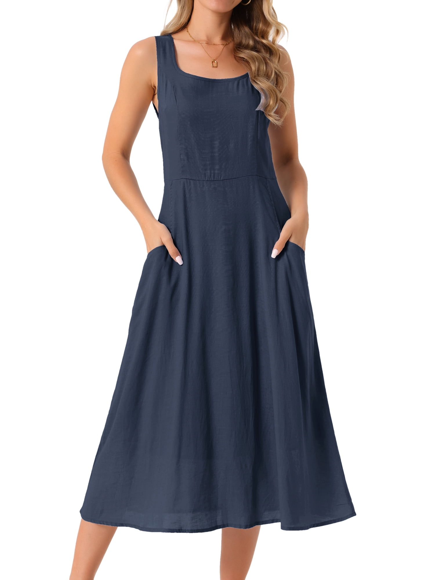 DARING DIVA Women's Sleeveless Loose Flowy Midi Tank Beach Cotton Dress XL Dark Blue