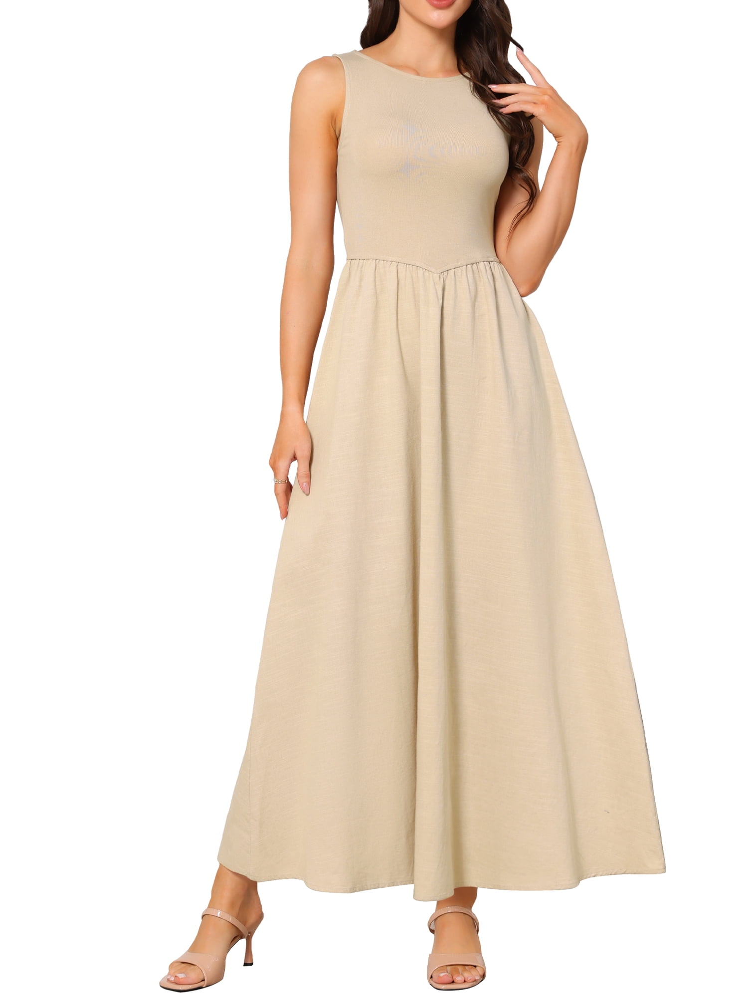 DARING DIVA Women's Sleeveless Maxi Patch Crew Neck Stretchy Tank Dress L Beige