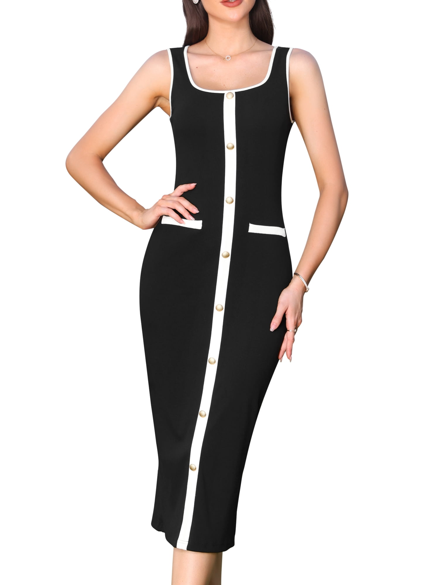 DARING DIVA Women's Sleeveless Midi Square Neck Contrast Color Knit Dress L Black