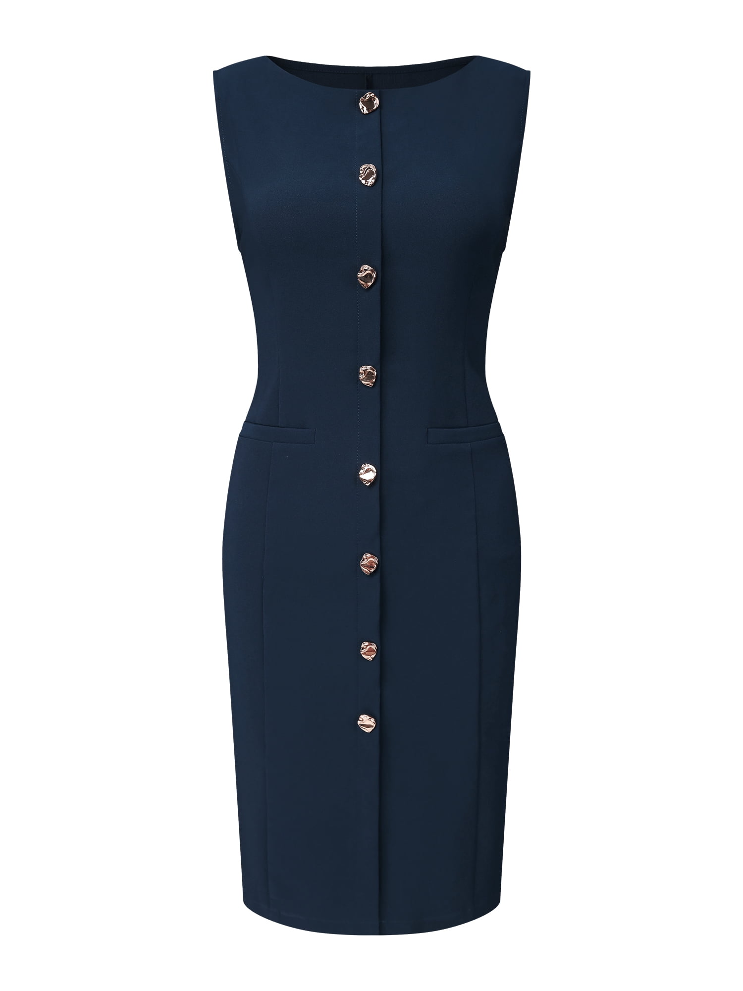 DARING DIVA Women's Sleeveless Pencil Boat Neck Button Decor Sheath Dress XL Navy Blue