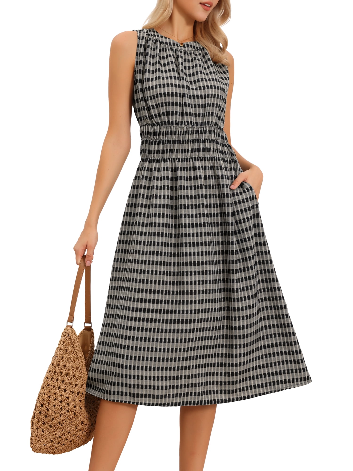 DARING DIVA Women's Sleeveless Plaid Crew Neck Smocked Waist Casual Midi Dress XS Black
