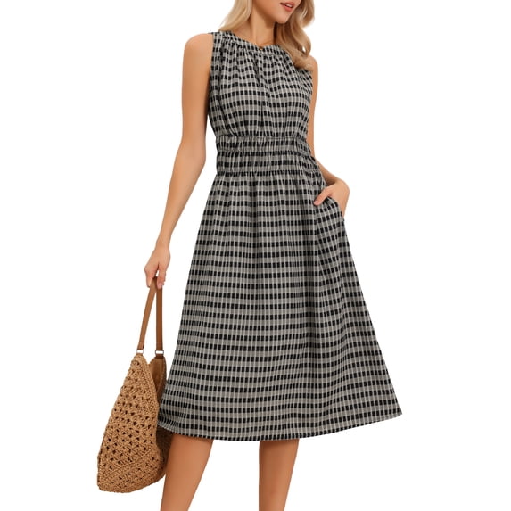 DARING DIVA Women's Sleeveless Plaid Crew Neck Smocked Waist Casual Midi Dress XS Black