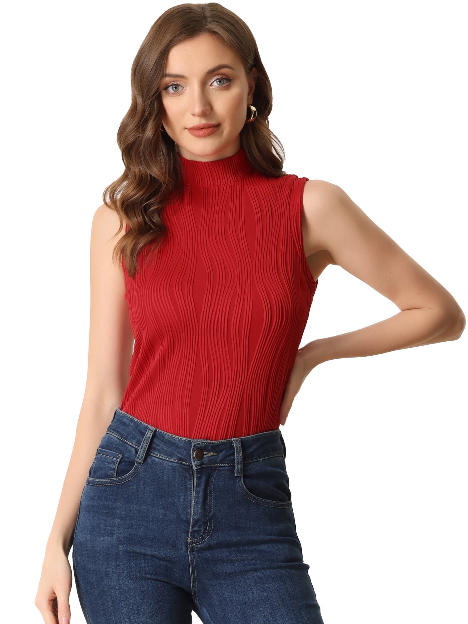 DARING DIVA Women's Sleeveless Ribbed Knit Mock Neck Tank Tops XS Red