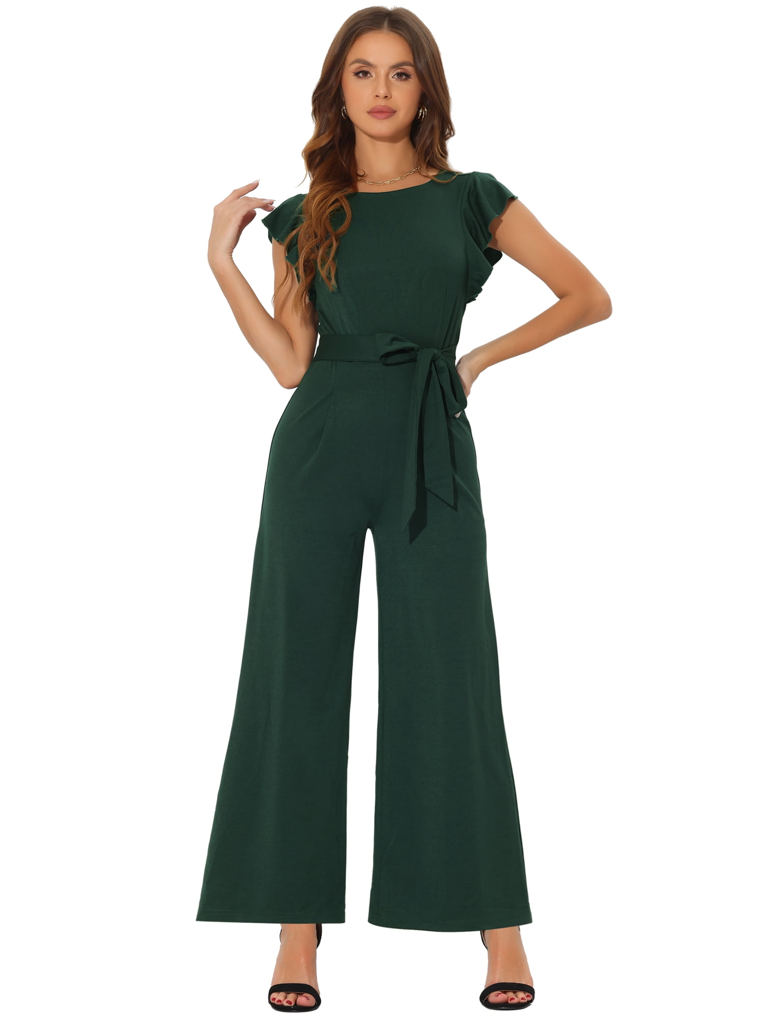 DARING DIVA Women's Sleeveless Ruffle High Waist Belted Romper Jumpsuits XS Dark Green