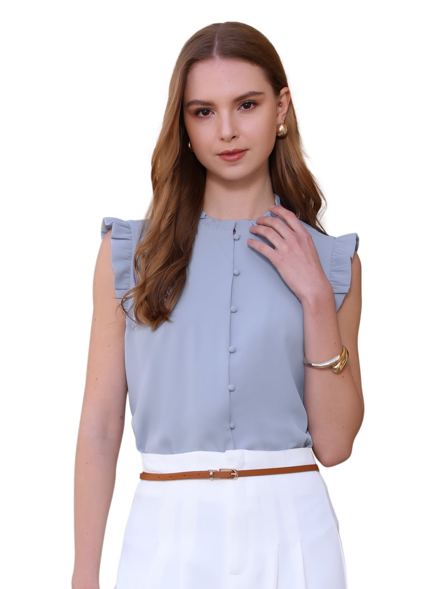DARING DIVA Women's Sleeveless Ruffled Button Down Blouse L Grey Blue