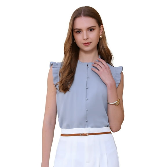 DARING DIVA Women's Sleeveless Ruffled Button Down Blouse M Grey Blue