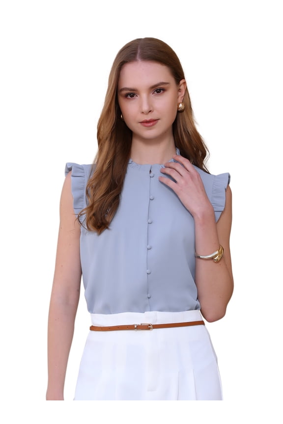 Women's Sleeveless Ruffled Button Down Blouse M Grey Blue