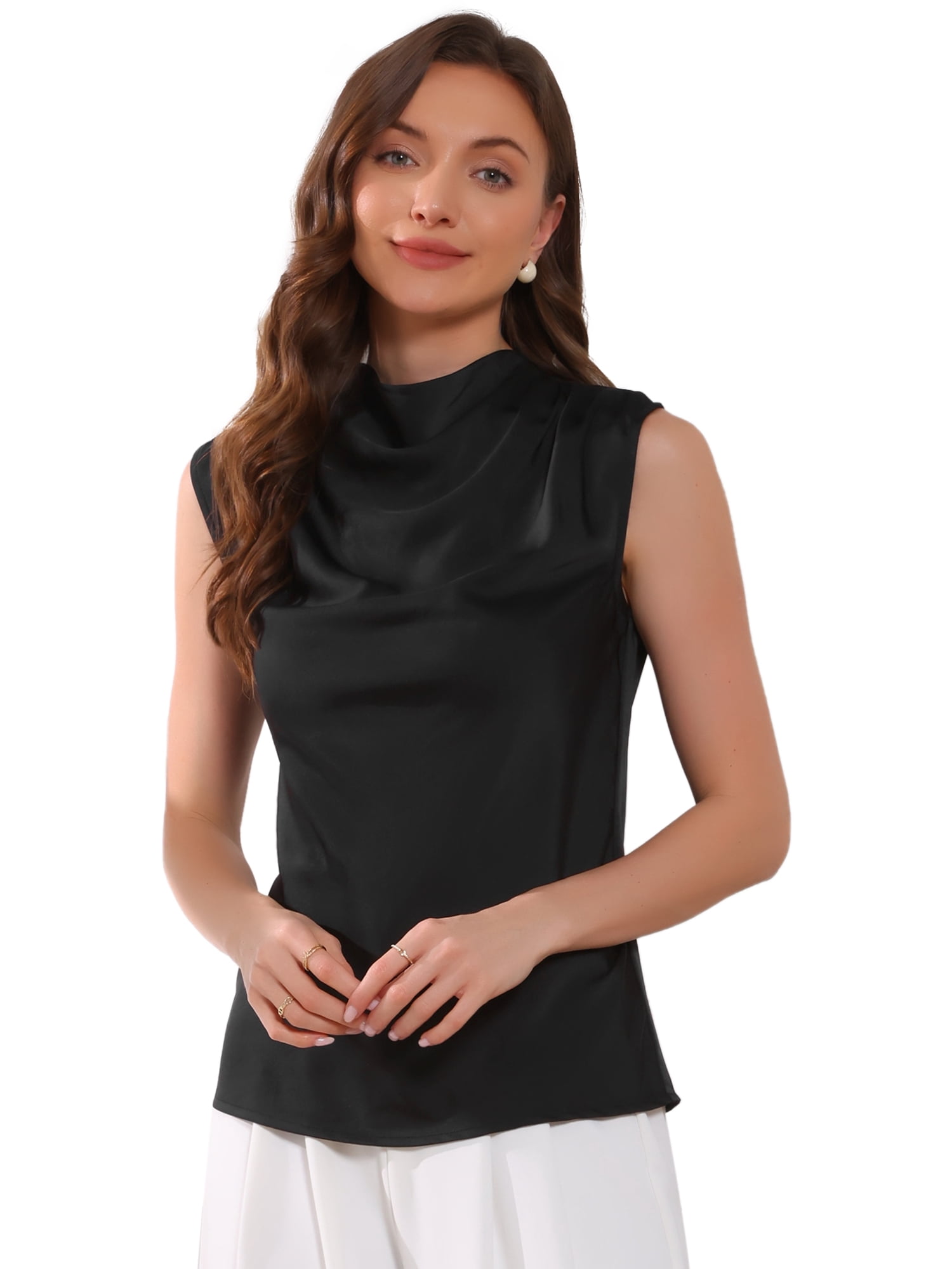 DARING DIVA Women's Sleeveless Satin Tank Mock Cowl Neck Ruched Blouse L Black