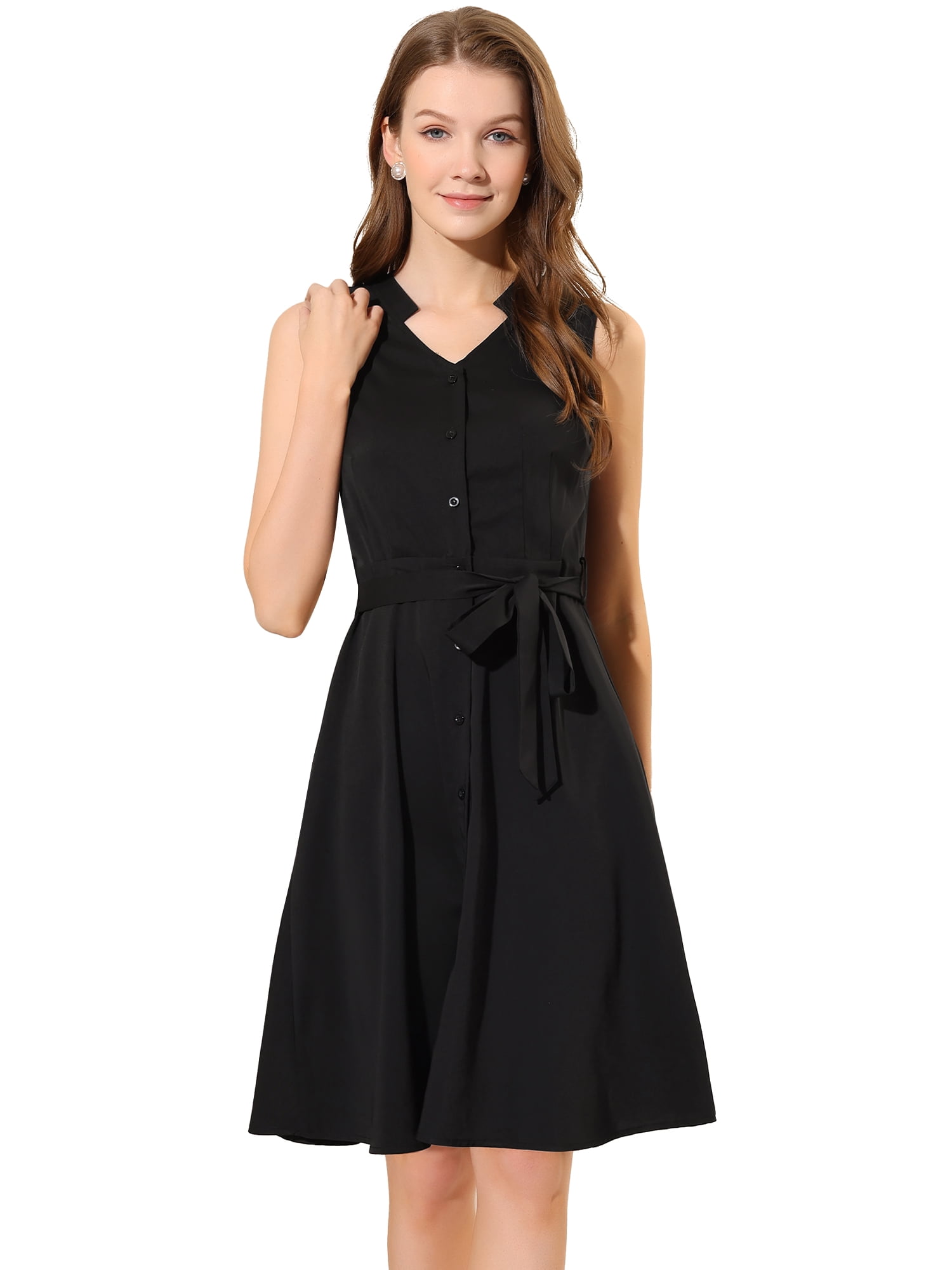 DARING DIVA Women's Sleeveless Shirtdress Belted V Neck Button Down Dress M Black