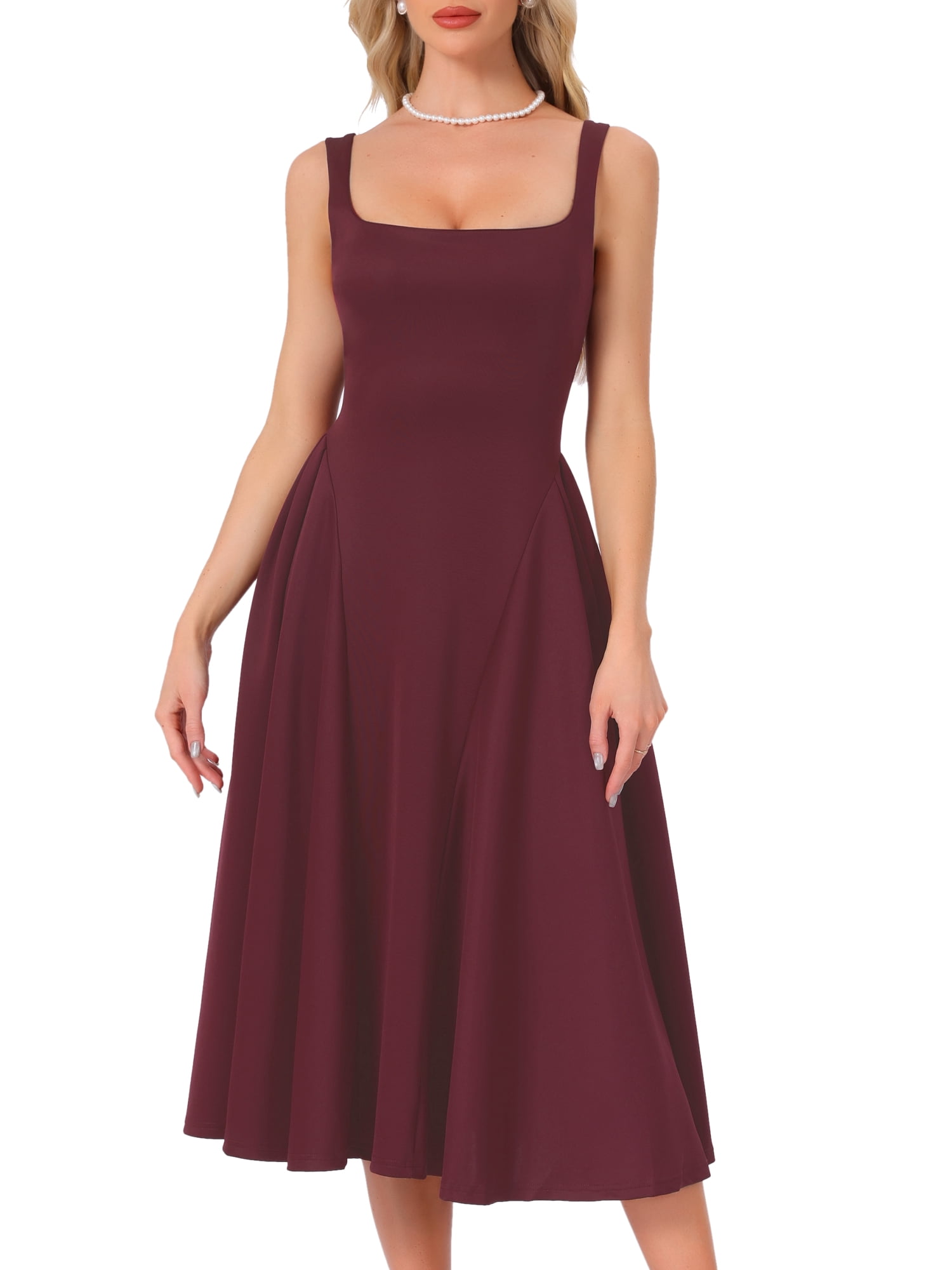 DARING DIVA Women's Sleeveless Square Neck A Line Cocktail Party Dress S Wine Red