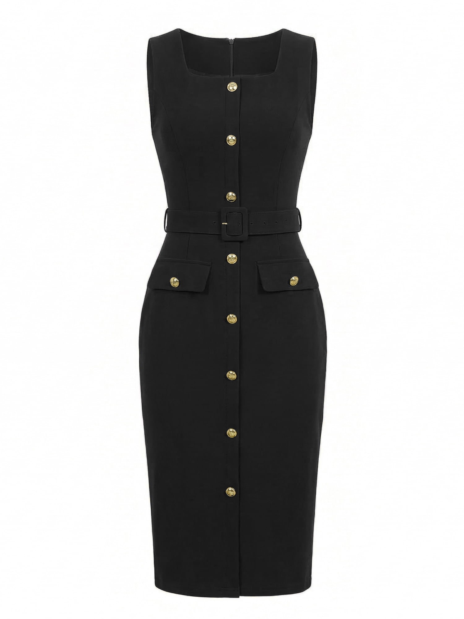 DARING DIVA Women's Sleeveless Square Neck Belted Bodycon Work Business Dress S Black