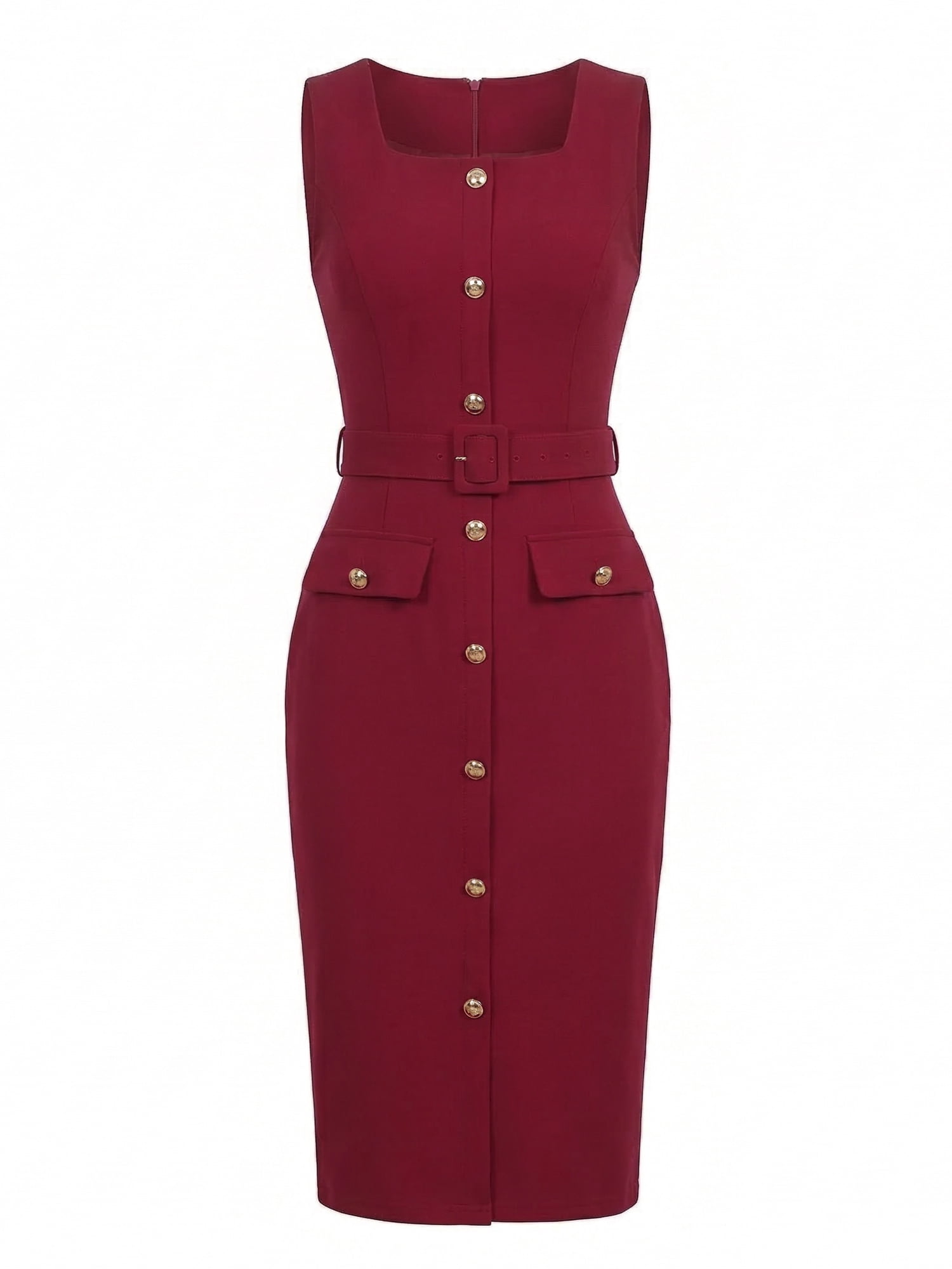 DARING DIVA Women's Sleeveless Square Neck Belted Bodycon Work Business Dress XS Red