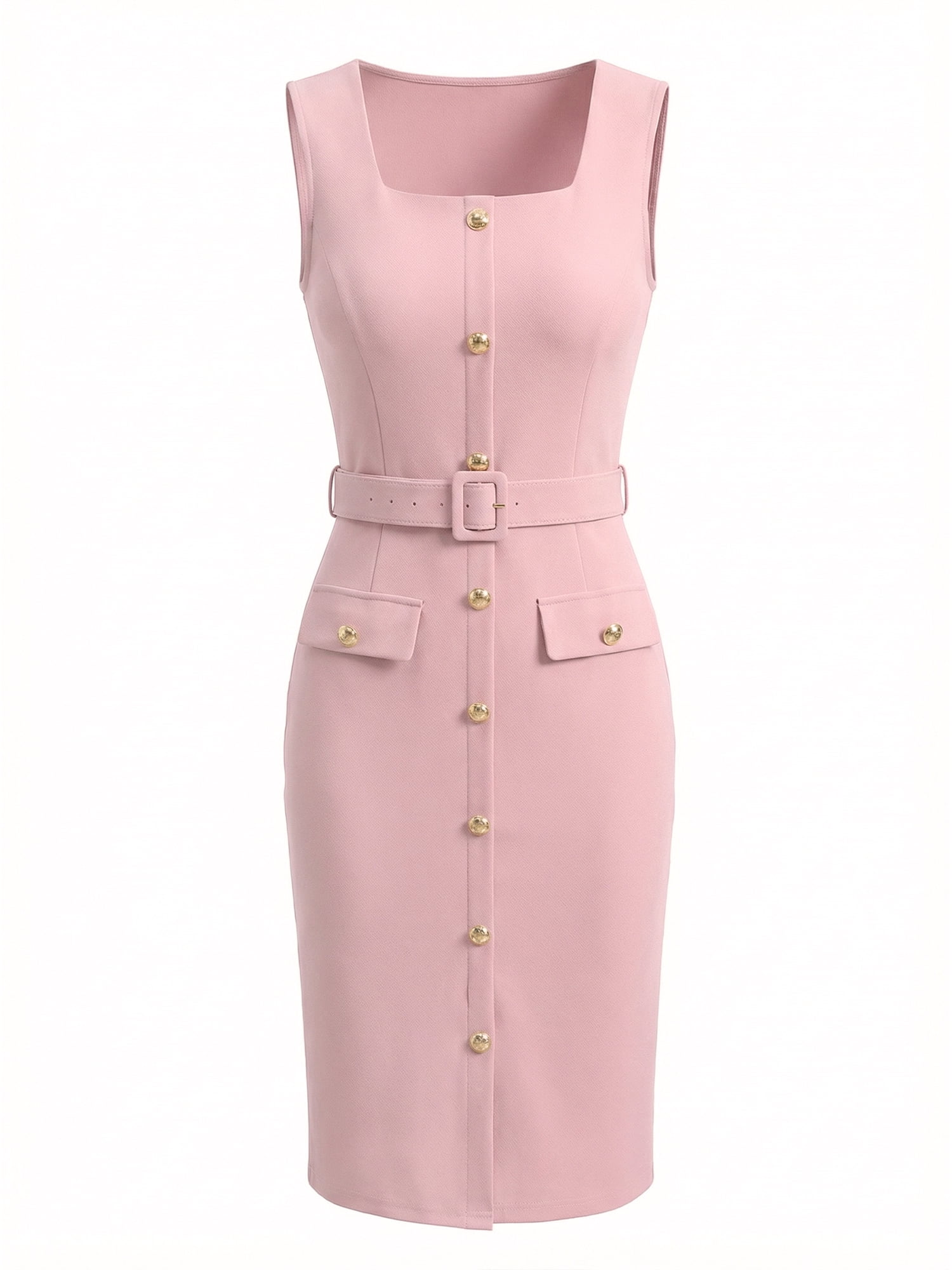 DARING DIVA Women's Sleeveless Square Neck Formal Belted Office Bodycon Dress L Pink