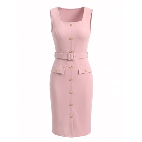 DARING DIVA Women's Sleeveless Square Neck Formal Belted Office Bodycon Dress XS Pink
