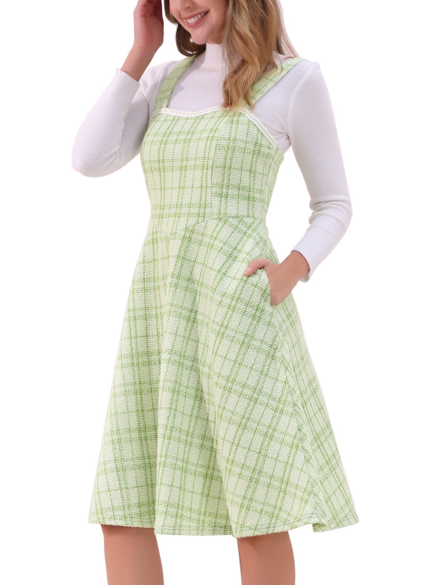 DARING DIVA Women's Sleeveless Square Neck Plaid A Line Pinafore Dresses L Green