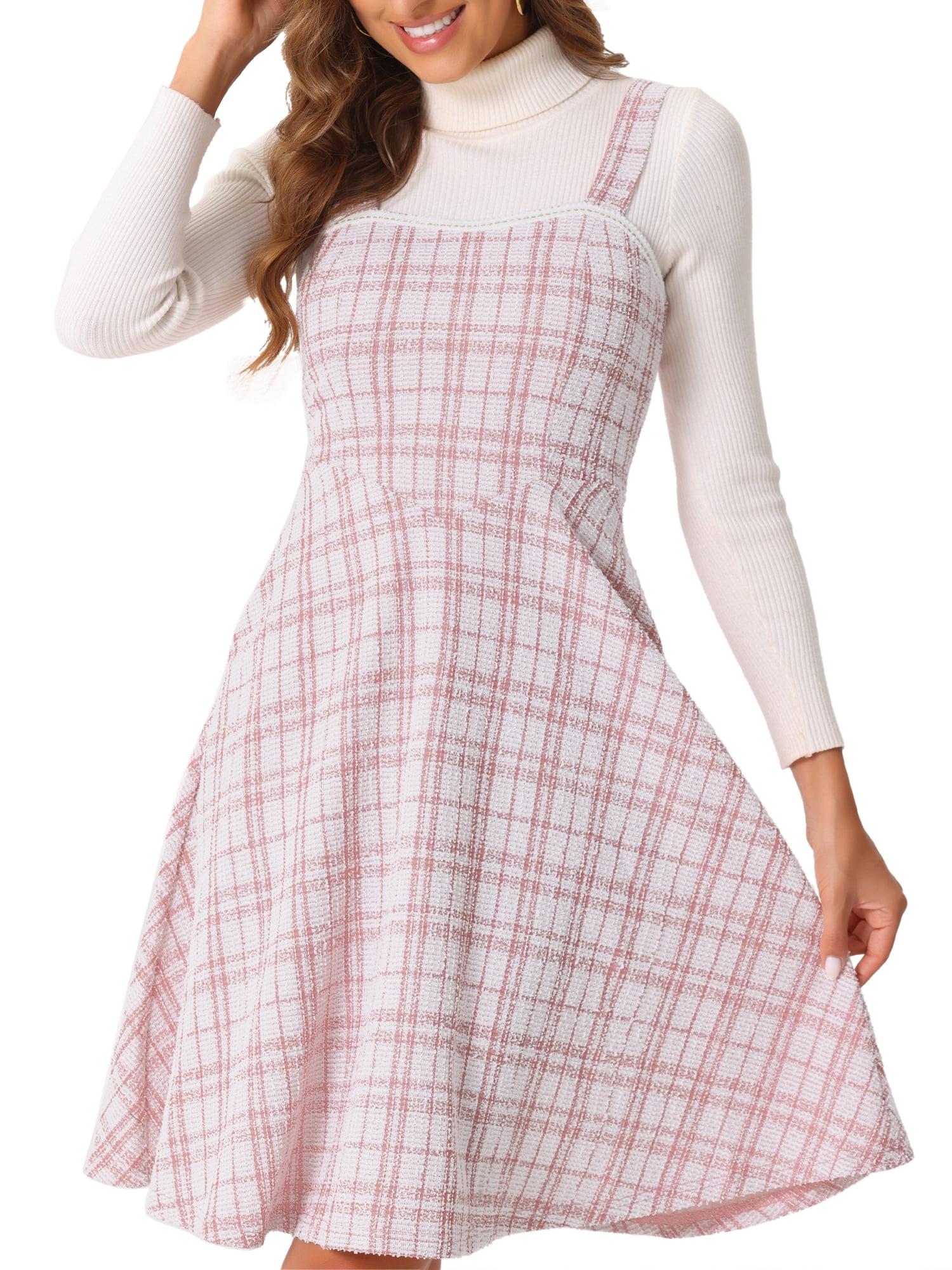 DARING DIVA Women's Sleeveless Square Neck Plaid A Line Pinafore Dresses M Pink